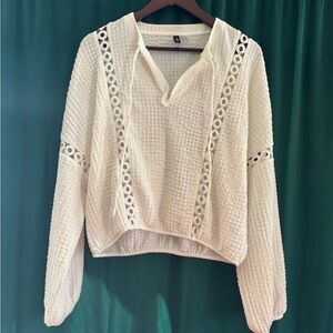 Cream Waffle Knit Pullover with Crochet Trim